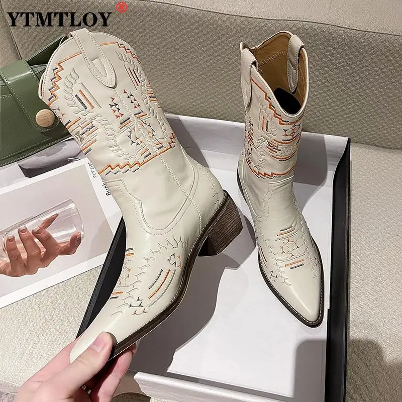 Новые брендовые ковбойские сапоги с вышивкой в западном стиле для женщин высокие