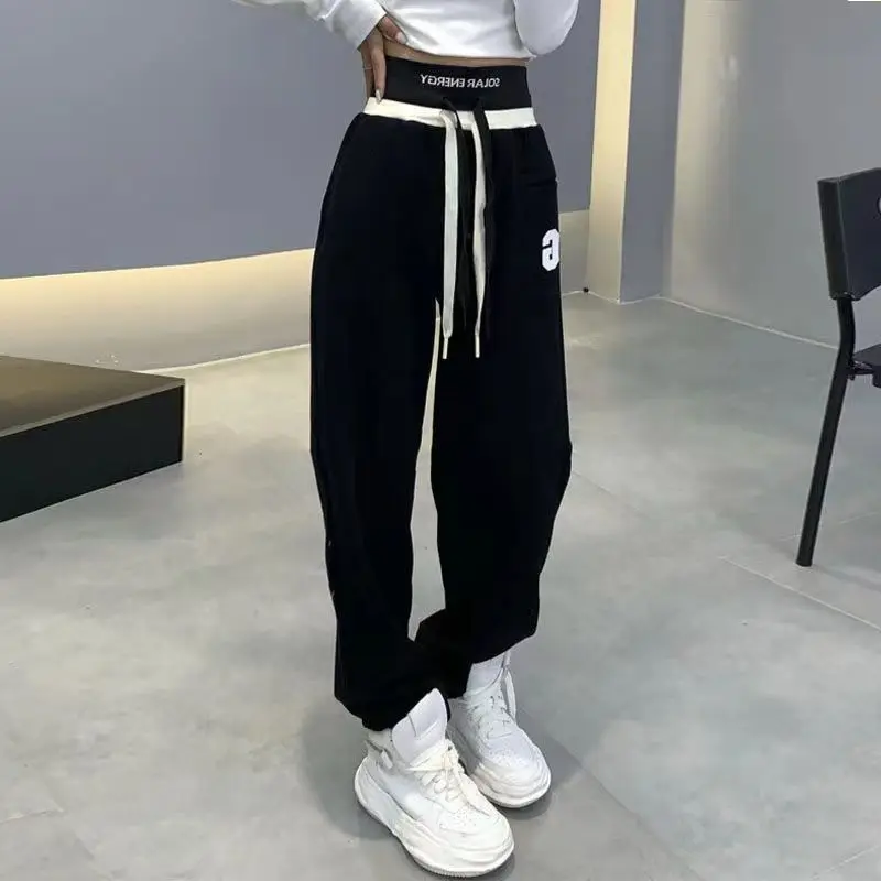 Trendy Letter Embroidered Casual Pencil Pants Waist Exposed Line Decoration Female Pure Cotton Streetwear Long Soft Pendulous