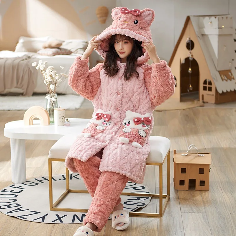 

Kawaii Sanrios Anime Hello Kitty My Melody Kuromi Cinnamoroll Winter Cartoon Cute Coral Fleece Hooded Sleeping Robe Girl Gifts