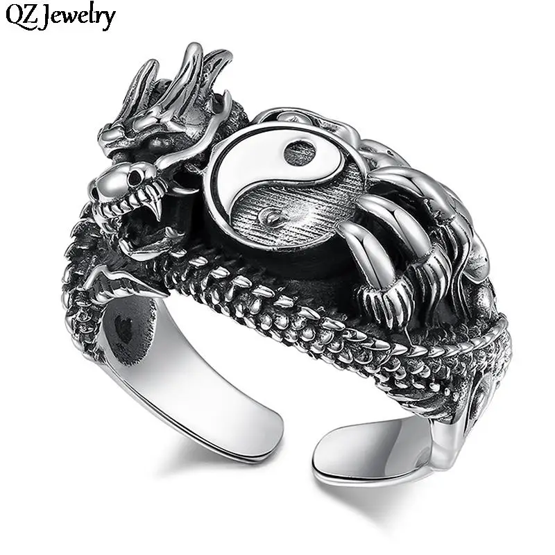 Chinese Style Tai Chi Dragon Rings Silver Color Vintage Geometric Yin Yang Winding Dragon Ring for Women Men Jewelry Gifts