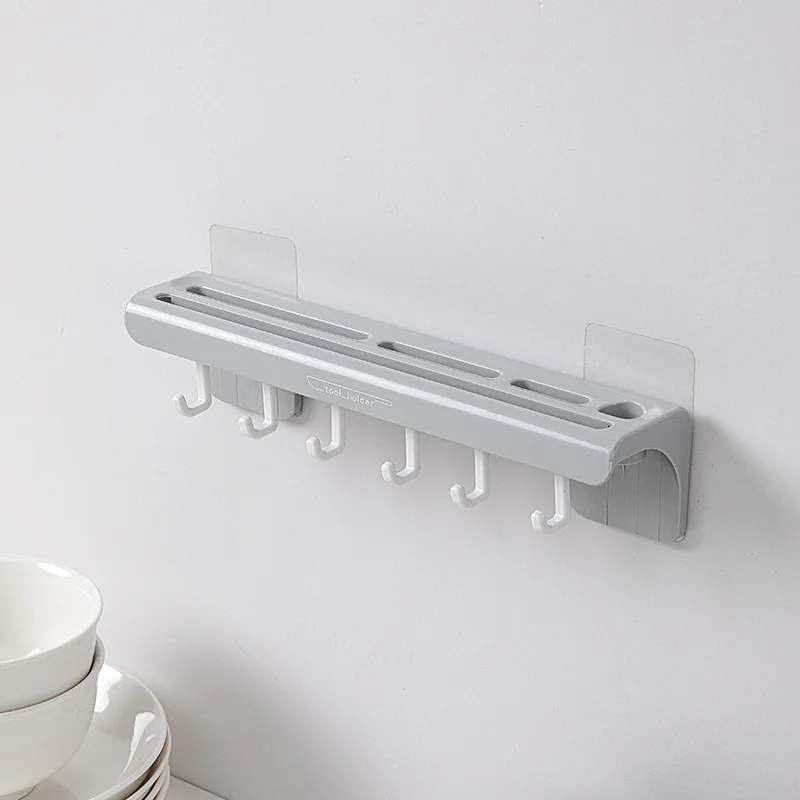 

Wall Mount Punch Free Cutter Holder With 6 Removable Hooks Kitchenware Rack Organizing Stand Kitchen Supply