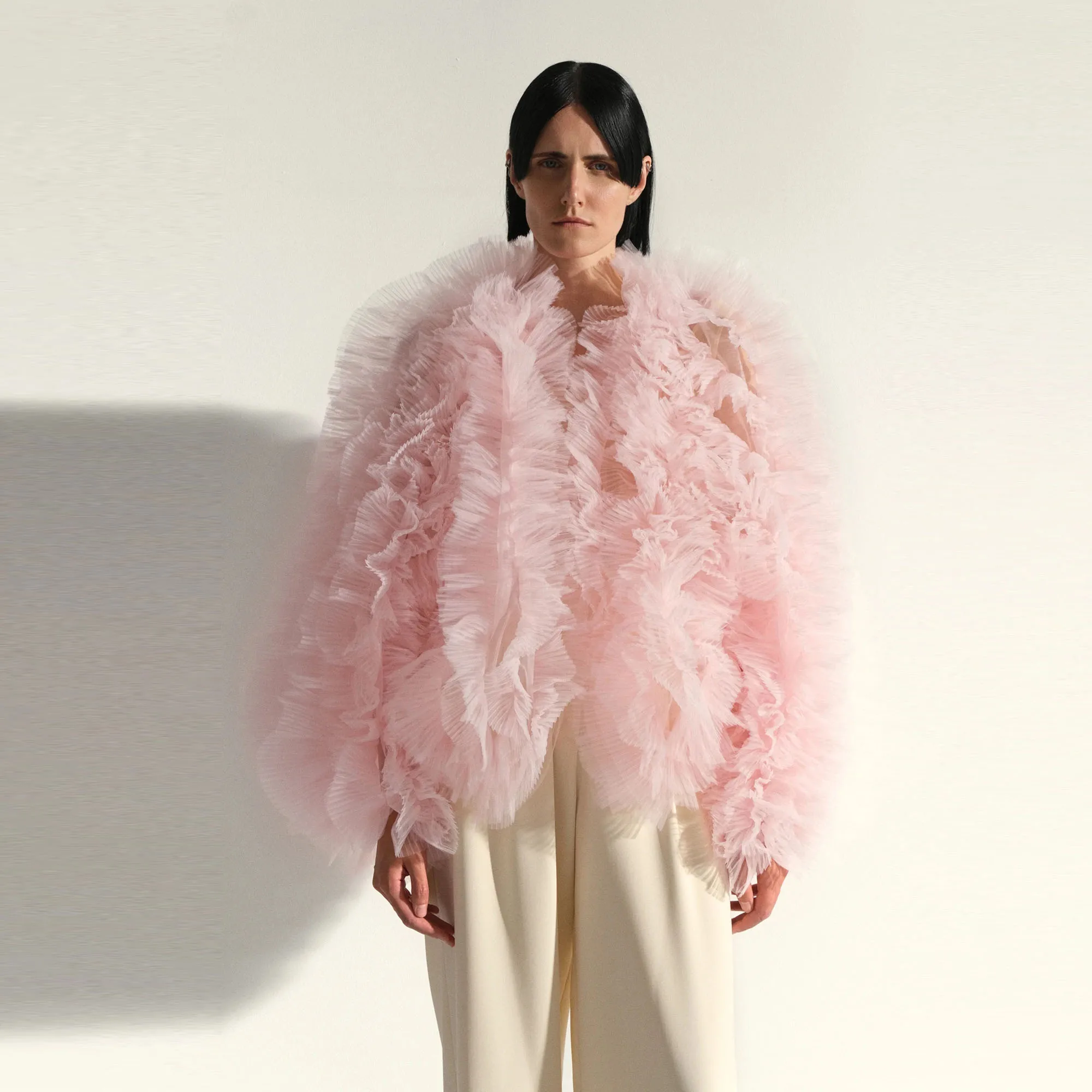 Fashion Pink Fluffy Ruffles Tulle Women Jacket Full Sleeves Open Front Middle Length Women Coat Outfit Female Outwear