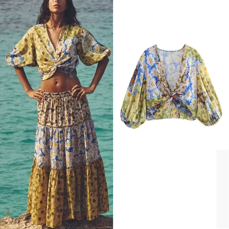 

TRAF Knotted Floral Print Blouse For Women Fashion Short Puff Sleeves Crop Top Chic Side Zip Tops Female Casual Tops Summer