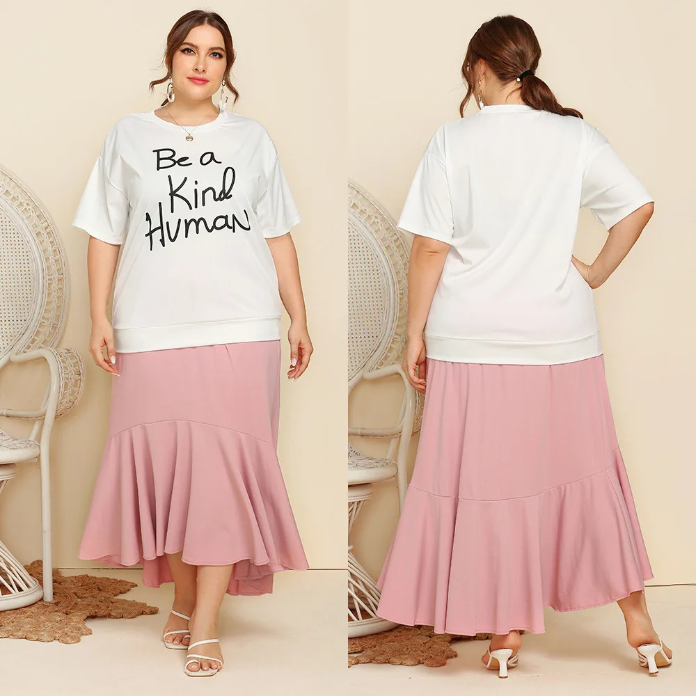 Plus Size Two Piece Set Women Short Sleeved Letter Printed T Shirt Top Solid Color Loose Pleated Skirt Casual  Skirt Suits