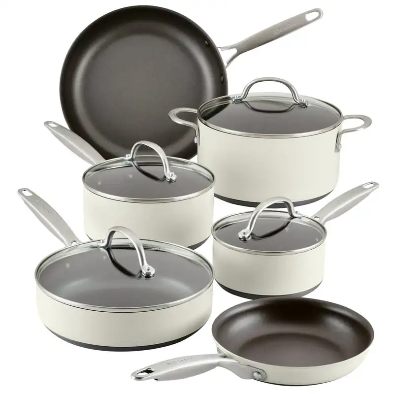 

Hard Anodized Nonstick Cookware Pots and Pans Set, 10-Piece, Cream Roti pan Takoyaki pan Airfryer silicone basket Air fryer line