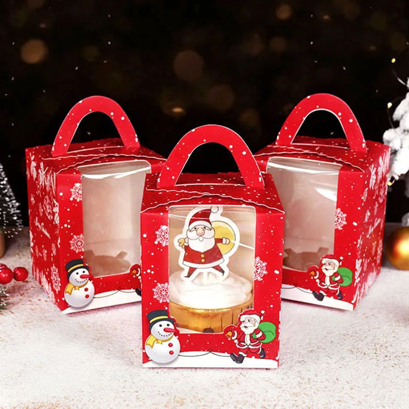 

4Pcs Christmas Paper Gift Cake Wrapping Handle Box Christmas Chocolate Cake Boxes Merry Christmas New Year Party Supplies