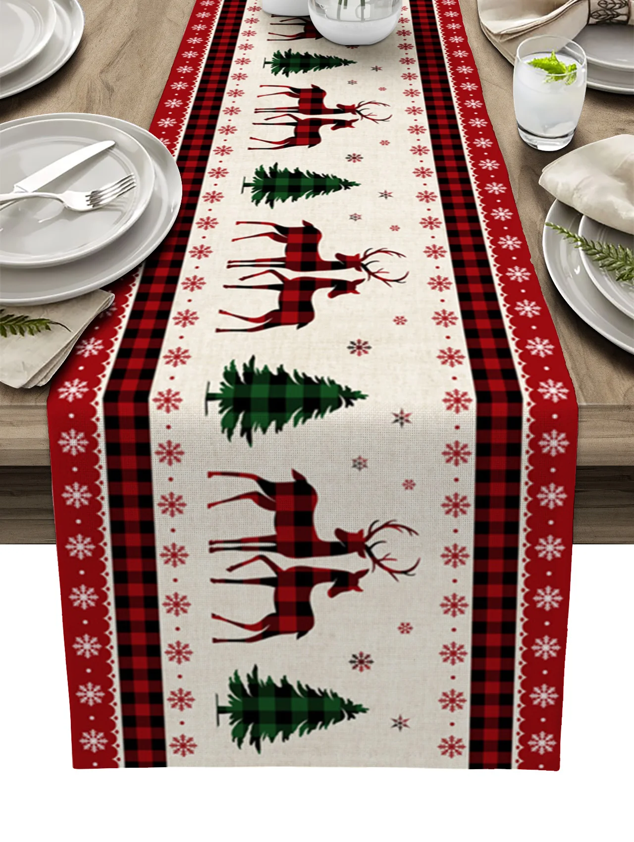 

Red Plaid Snowflake Elk Christmas Tree Table Runner Home Wedding Banquet Festival Party Hotel Table Decoration Table Cover