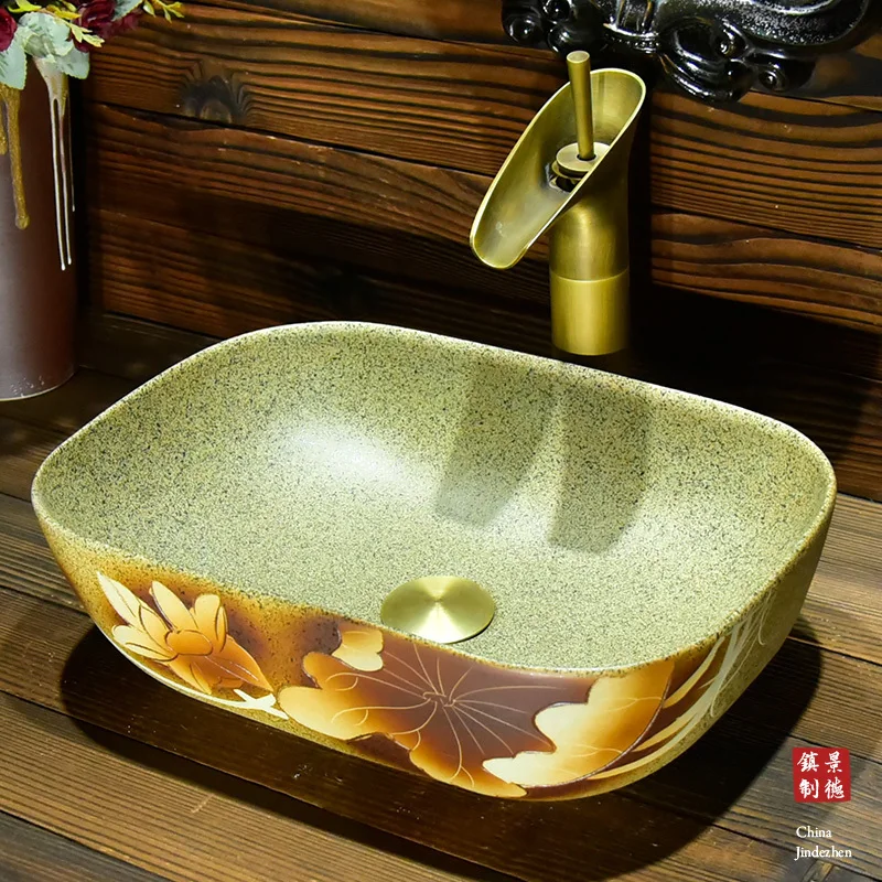 

Porcelain Bathroom ceramic counter top sink Rectangular wash basin popular in europe art basin lavabo hand painted sink