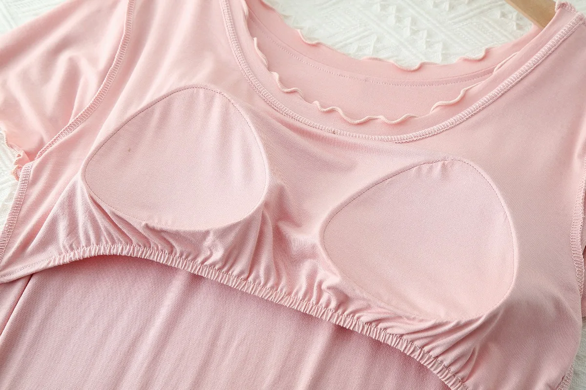 Ms nightgown Women's Nightgown Summer Short Sleeve Round Neck Modal With Chest Pad Sleeping Dress Nighty For Ladies Night Wear