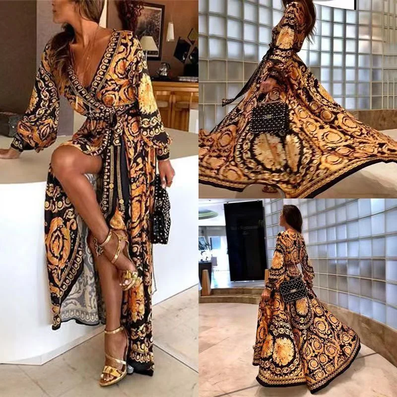 

Loose Retro Dress 2023 Women Milk Silk Long Dress Loose Long Sleeve Deep V-neck A-line Sexy Party Dress Vestidos De Fiesta