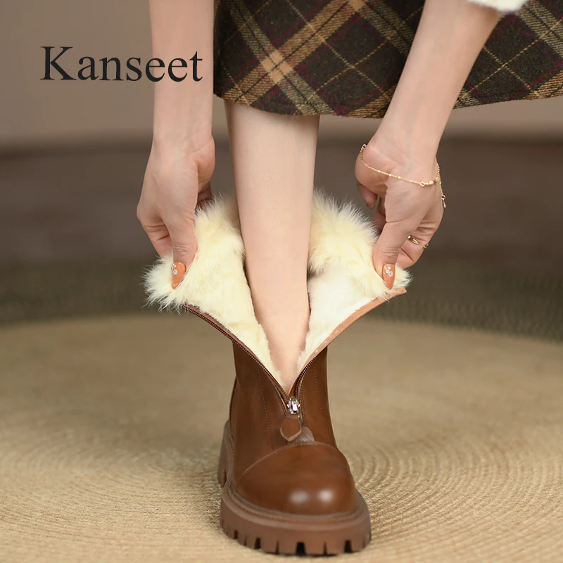 

Женские теплые меховые полусапожки Kanseet, зимняя обувь из натуральной кожи, черные женские короткие сапоги ручной работы на толстом каблуке с круглым носком и молнией