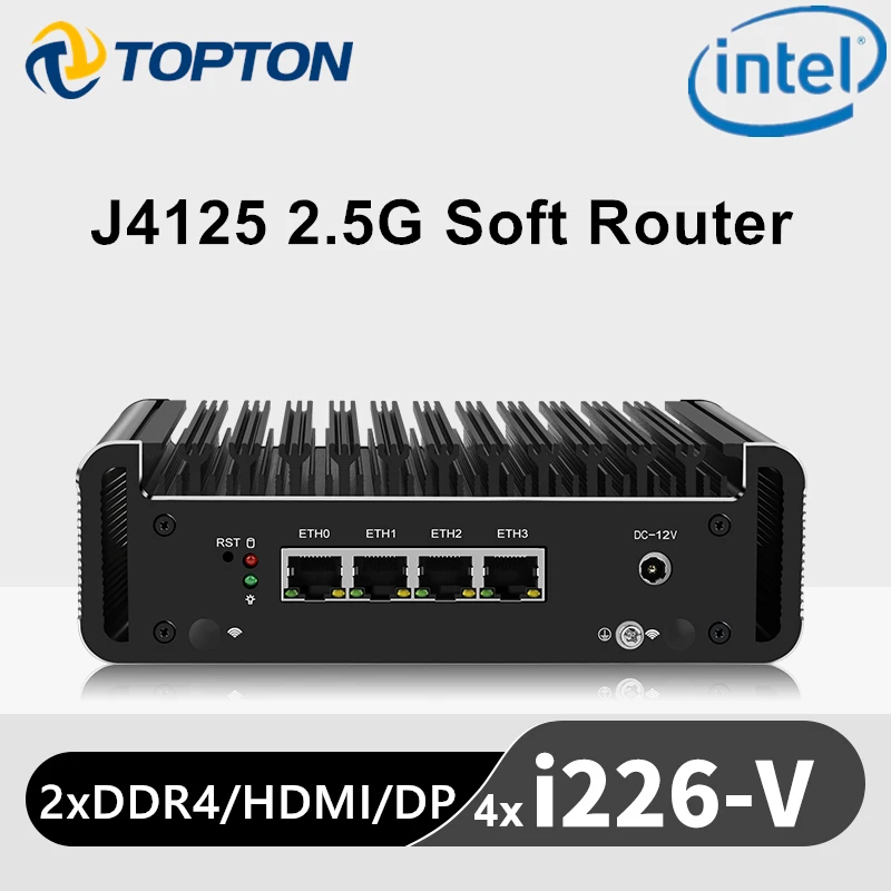 4x Intel i226-V 2500M LAN Celeron J4125 2.5G Router 2xDDR4 HDMI1.4 DP1.2 Fanless Mini PC OPNsense Firewall Appliance VPN Server