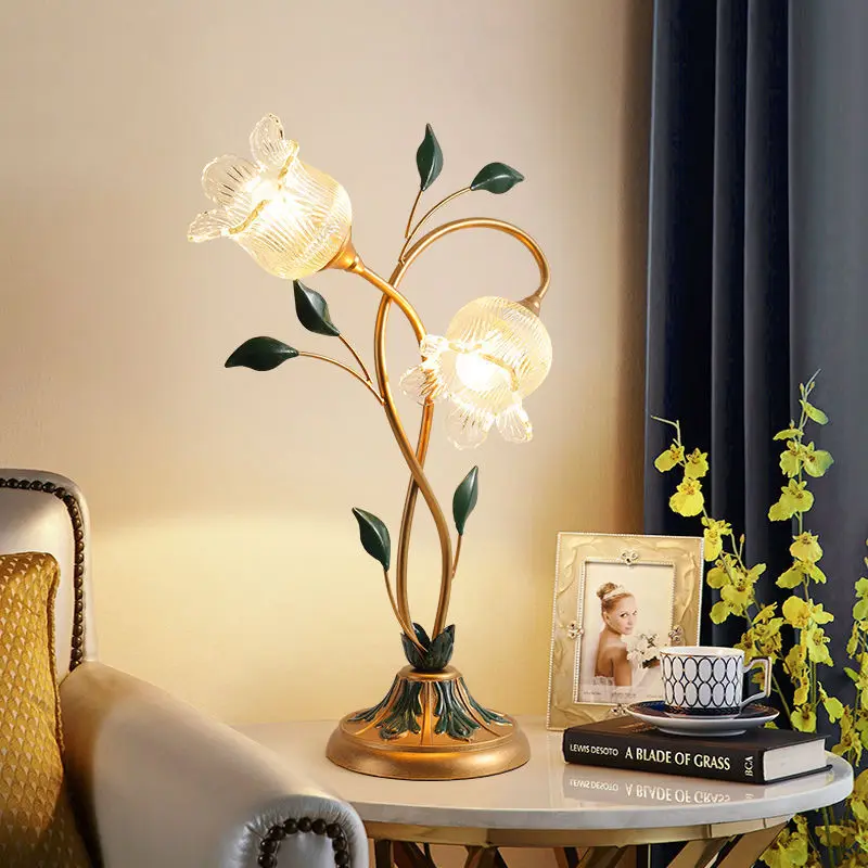 American Creative Flower Decorative Table Lamp Simple Art Glass LED Table Lamp Children's Bedroom Room Bedhead Lighting Fixtures