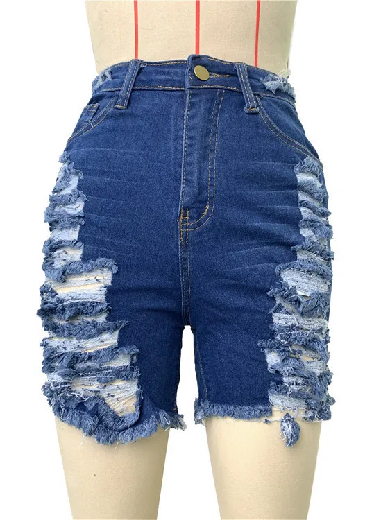 2023 Hot Summer New Women Holes Denim Shorts High Waist Ripped Tassel Skinny Jeans Blue Lady Sexy Outwear Shorts Fashion Indie