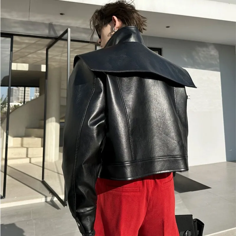 High Street New Design Drop-shoulder Black Loose Leather Coat Men Women Clothes Spring Short Car Suit Handsome Pu Leather Jacket enlarge