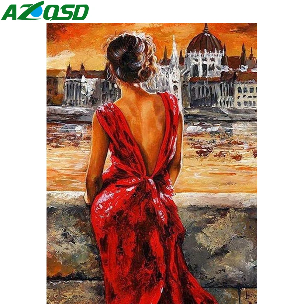 

Алмазная вышивка AZQSD для женщин, мозаика из страз, вышивка крестиком, красное платье, домашний декор