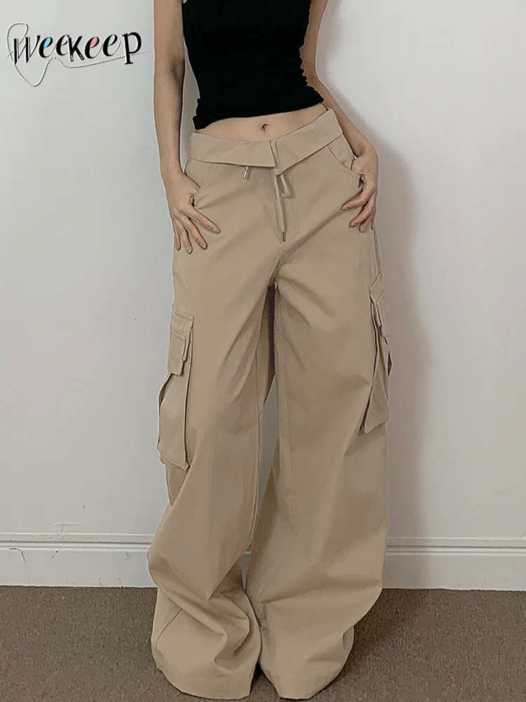 

Weekeep Casual Low Waist Cargo Pants Y2k Streetwear Pockets Patchwork Straight Sweatpants Womens Fashion Trousers 2000s Vintage