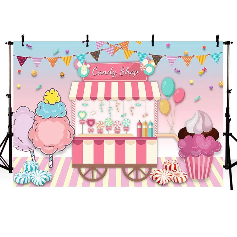 

Candy Shop Candyland Girl Birthday Party Backdrops Pink Sweet Lollipop Shoppe Ice Cream Photography Background Table Banner Prop