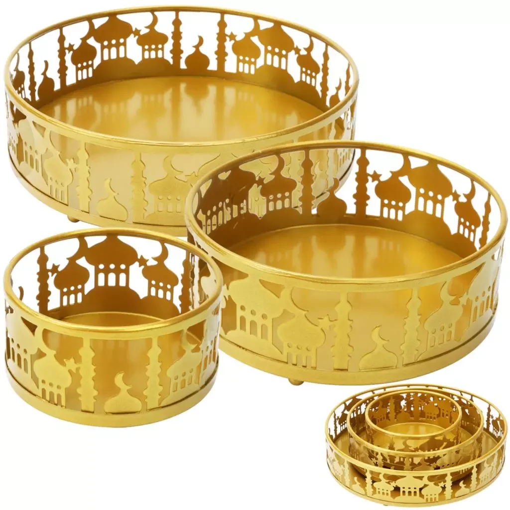 

3pcs Ramadan Round Trays Festival Dinner Plate Set Ramadan Kareem Tray Fruit Basket Food Serving Tray Festival Decoration Supply