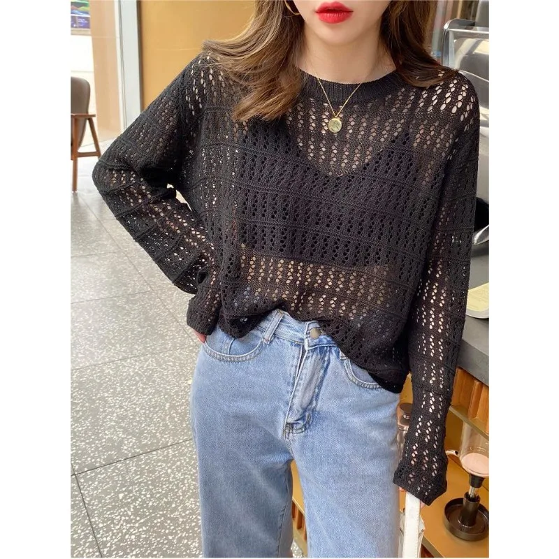 Ажурный вязаный Топ женский корейский Свободный Повседневный тонкий
