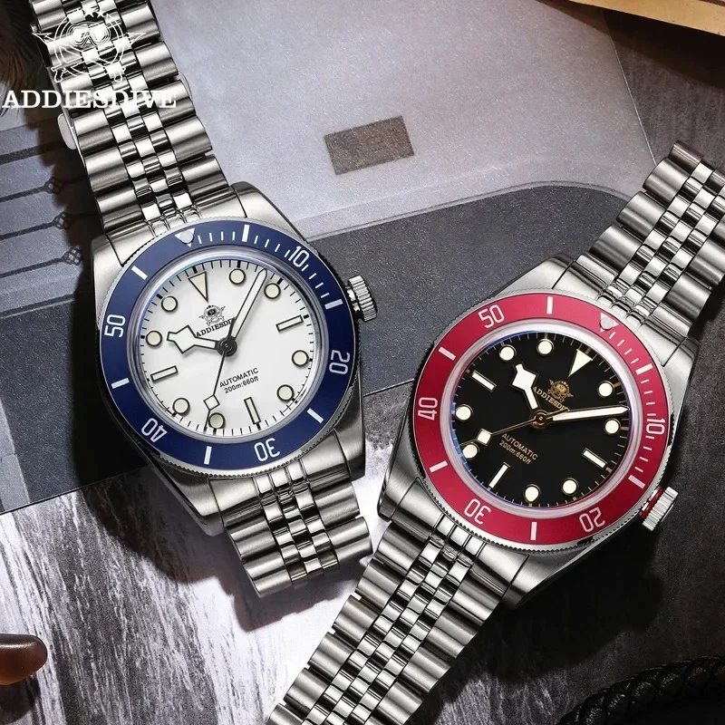 ADDIESDIVE AD2043 Men's Watch Luxury Black Dial Red Bezel BGW9 Luminous 200M Waterproof NH35 Movement Automatic Mechanical