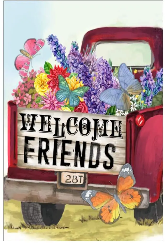 

Welcome Friends Spring Old Red Truck Floral Butterfly House Yard Flag Banner for Outside House Yard Home Decorative