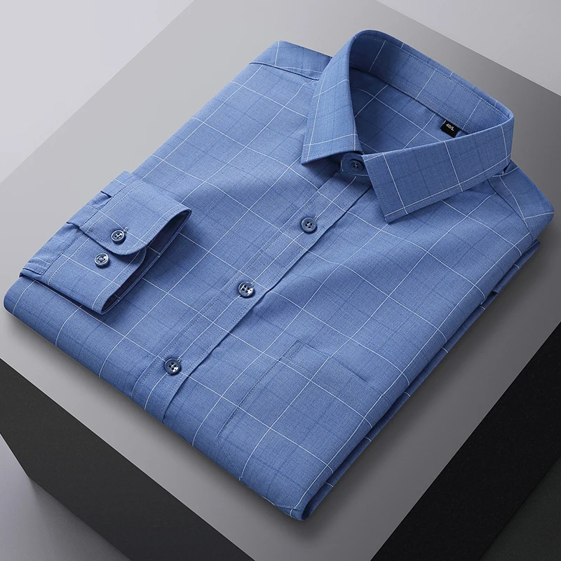 Elastic Long Sleeve Men Plaid Striped Shirt Bamboo Fiber Non-Iron Social Shirts Male Casual Soft Men Clothing Comfortable Formal