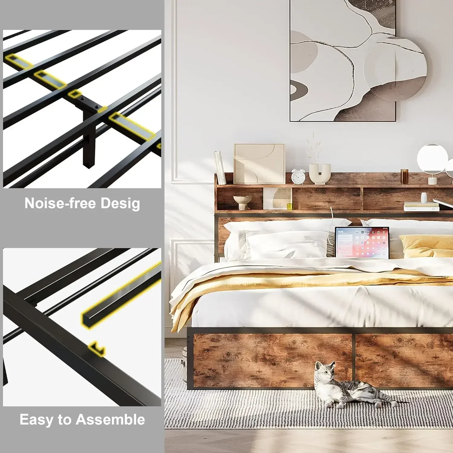 Каркас кровати размера queen-size с изголовьем книжного шкафа и зарядной станцией