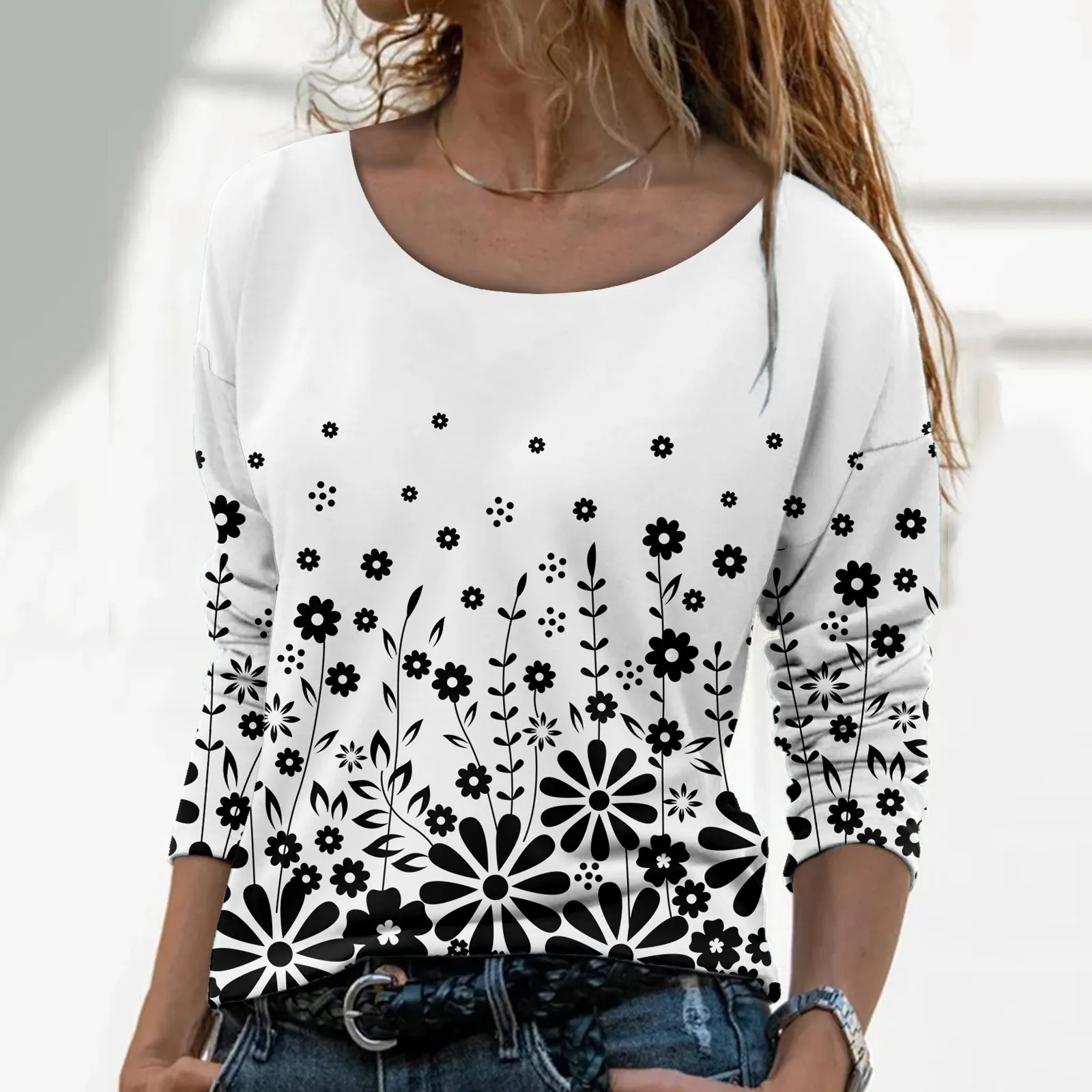 

Women Clothing Printed Dress Feather Women Floral T Shirt Flower Scenery Painting Long Sleeve Print O Neck Printed Violet Shirt