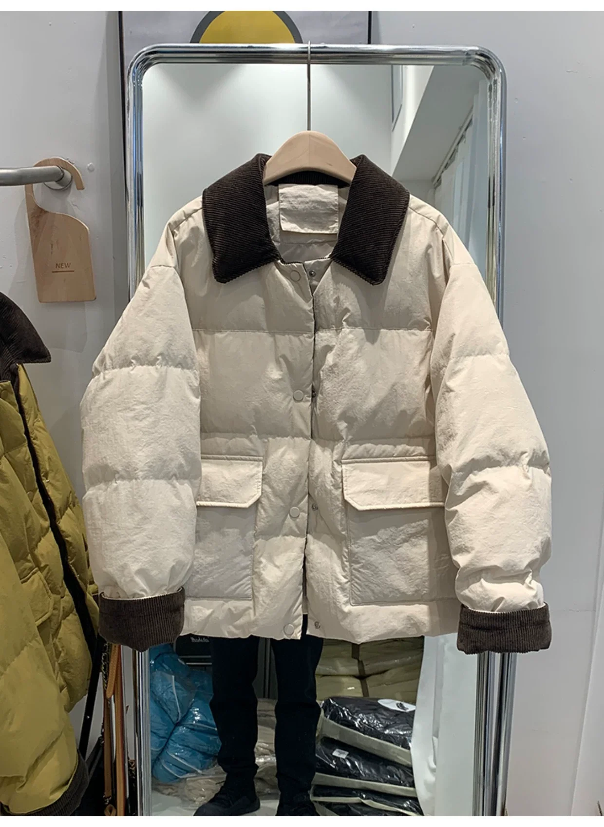 2023 New Corduroy Doll Collar Short Down Jacket Coat, Candy Color Women's Lapel Bread Jacket White Duck Down Coat