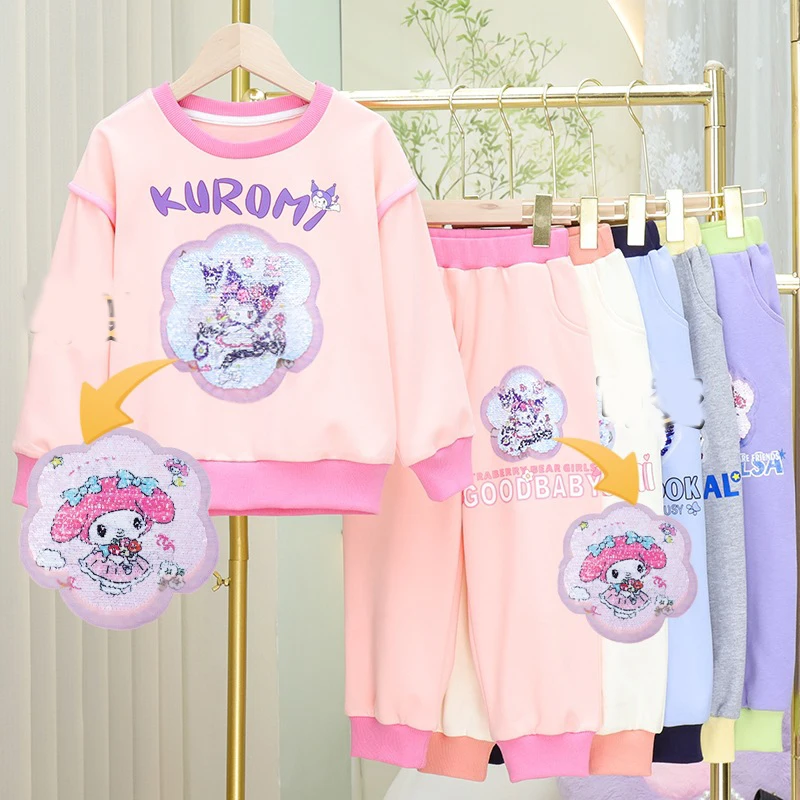 

Kawaii Sanrios Kuromi My Melody Spring Autumn Boys Girls Cartoon Change Pattern Children's Sweatshirt Set Casual Two Piece Set