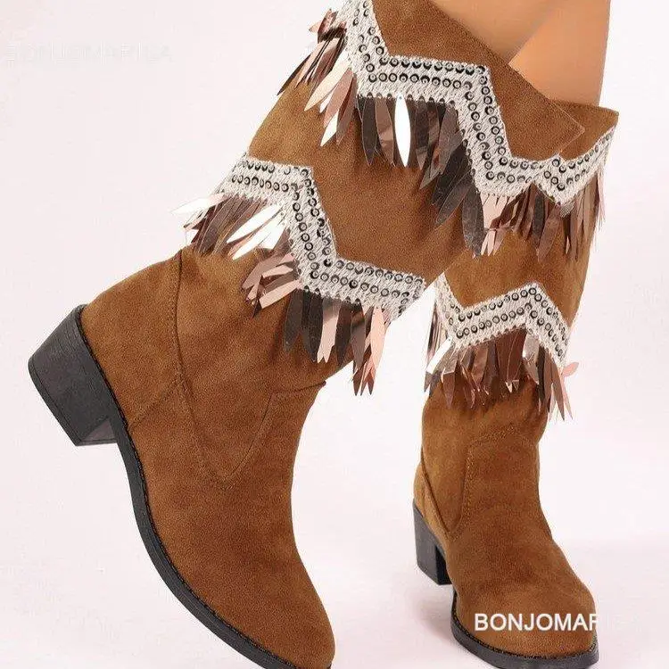 

BONJOMARISA Fringe Cowboy Boots For Women Chunky Heel Fashion Slip On Vintage Cowgirl Western Style Boots Fall Bling Comfort