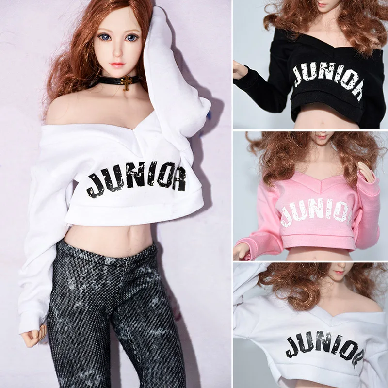 

1/6 Female Sexy Short Sweatshirt Letters Printed Mini Low Cut V-neck Long Sleeves Crop Top For 12 Inches Action Figures Toys