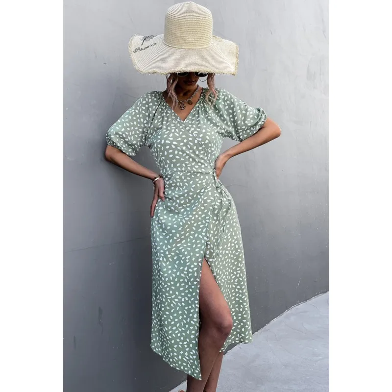 

2023 Summer New Product Fresh Fashionable Sweet Elegant Bubble Sleeve Cross V-neck High Waist A-line Stone Print Split Dress