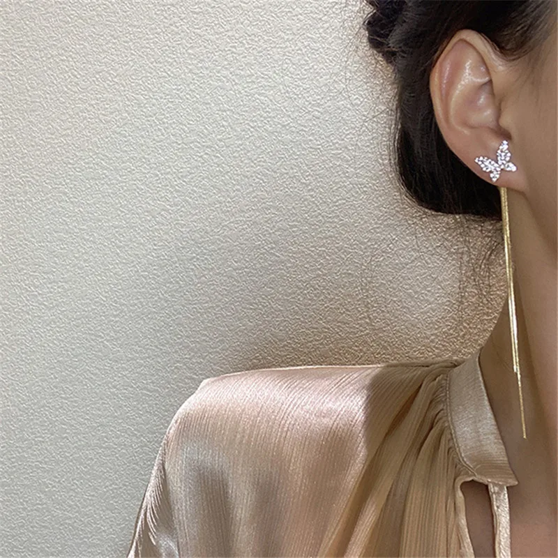 

Korean Shiny Rhinestone Tassel Long Chain Butterfly Drop Earrings For Women Elegant Hanging Earring Wedding Jewelry Gift e144