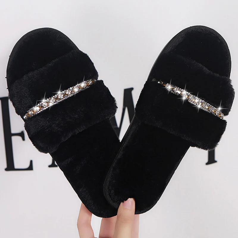 New Women Home Slippers Fashion Shiny Rhinestones Design Open Toe Indoor 2022 Winter Flat Non-slip Leisure Interior Female Shoes