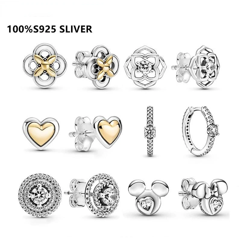 

Trendy 100% S925 Sterling Silver Earring Domed Golden Heart Sparkling Halo Stud Earrings Women Birthday Jewelry Gift