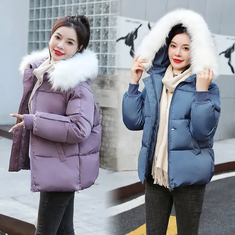 Cotton Coat Women 2022 Winter New Korean All-match Thick Student Bread Jacket Female Hooded Fur Collar Short Parkas Outerwear