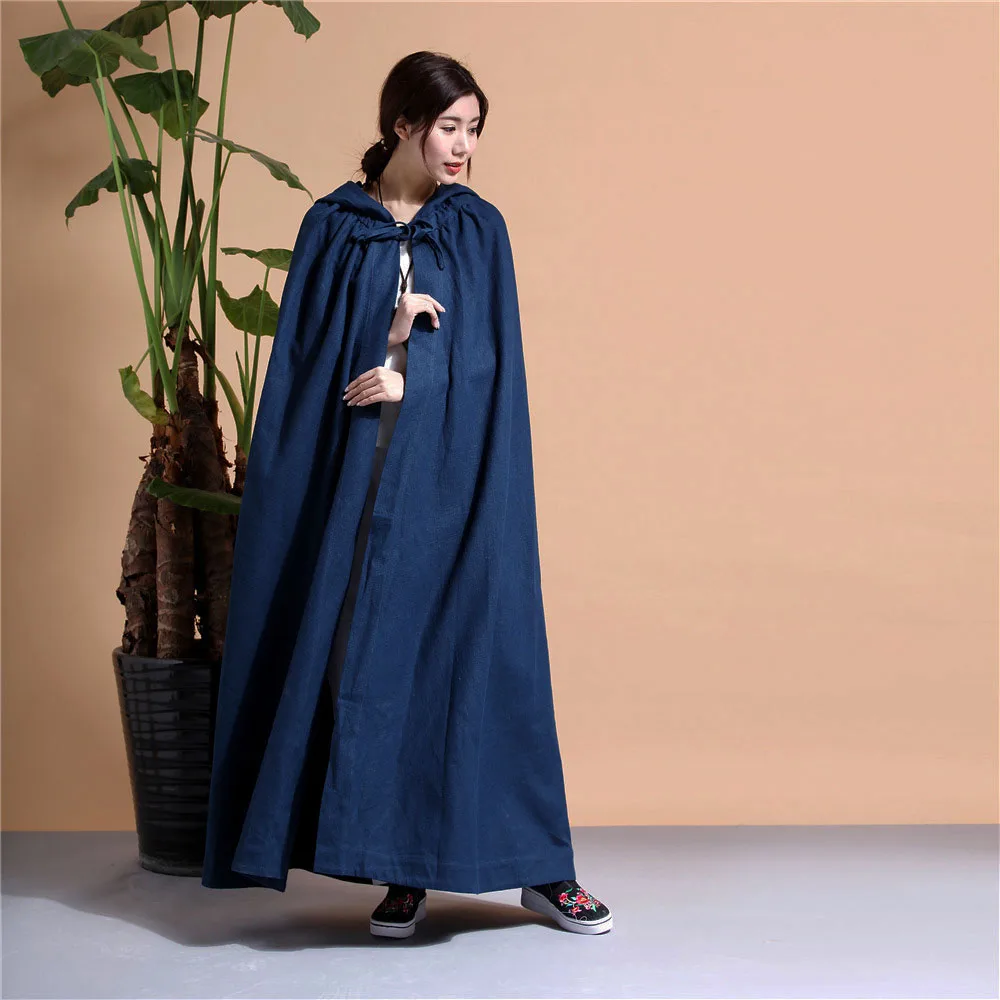 Черный плащ Hanfu женское свободное длинное пальто в китайском стиле со шляпой