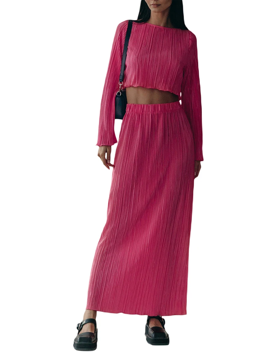 

2023 Summer Women Two Piece Skirt Outfits Elegant Long Flared Sleeve Crop Tops Solid Color Chic Long Skirt Set
