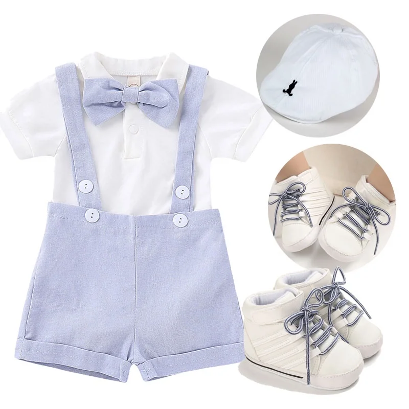 3pcs Set Clothes for Baby Boy Christening  Romper Suit with Bow Tie Suspender Pants Shorts Gentleman First Birthday Wedding