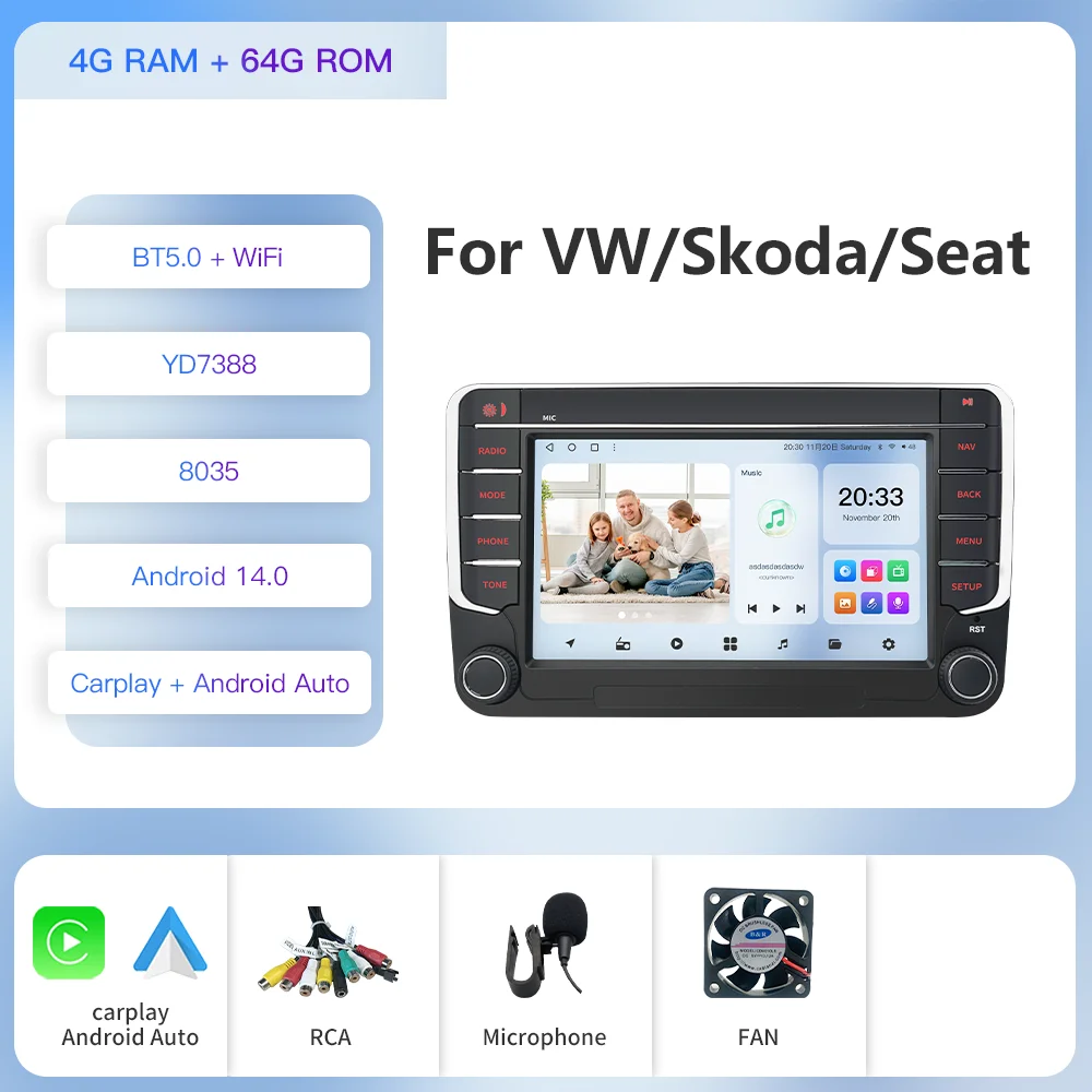 

Kapud 7′′ Android 14 2 Din Мультимедийное радио VW Volkswagen Skoda Seat Golf Touran Passat B6 Polo T5 CarPlay Авто Wi-Fi 360 Камера