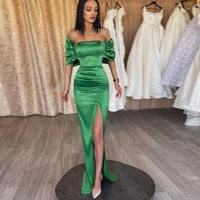glossy green prom dress mermaid off shoulder 2022 womens evening dresses long thigh slit satin wedding party dress with wrap