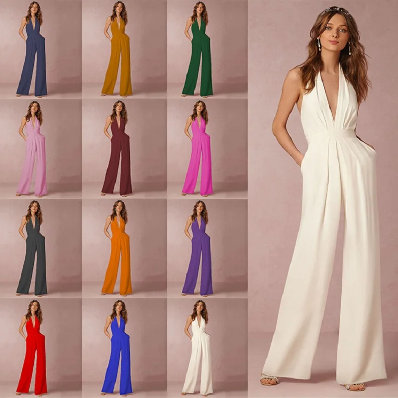 

Женский комбинезон с глубоким V-образным вырезом, сексуальный топ без рукавов, расклешенные брюки, прямые модные повседневные облегающие комбинезоны с высокой талией и открытой спиной
