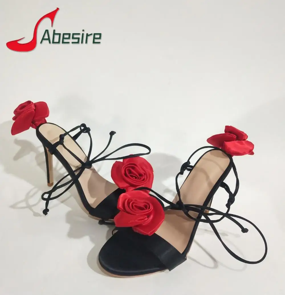Sexy Silk Rose High Heels Round Toe Ankle Tied Women's Sandals Fashion Summer Big Flower Stiletto Party Wedding Banquet Shoes