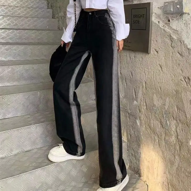 

CGC Korean Fashion Gradient Baggy Jeans Women Straight Cargo Pants Casual Loose Wide Leg Jeans Streetwear Female Denim Trousers
