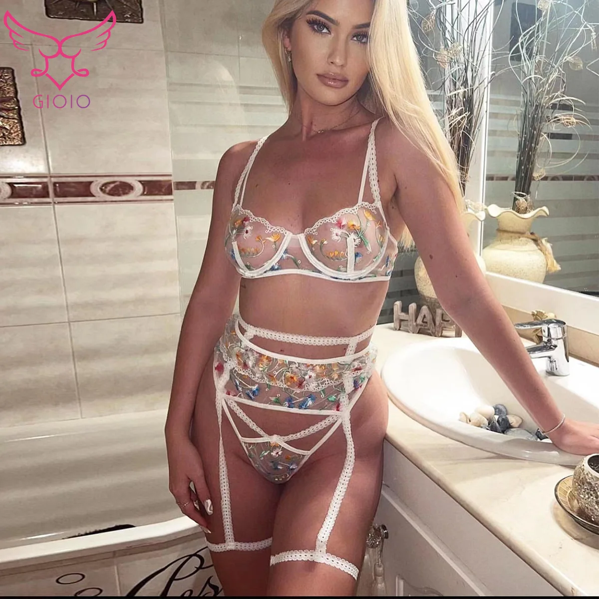 

GIOIO New Women Erotic Underwear Color High-end Embroidery Contrast Color Fresh and Beautiful 3-piece Set Wholesale Dropshiping