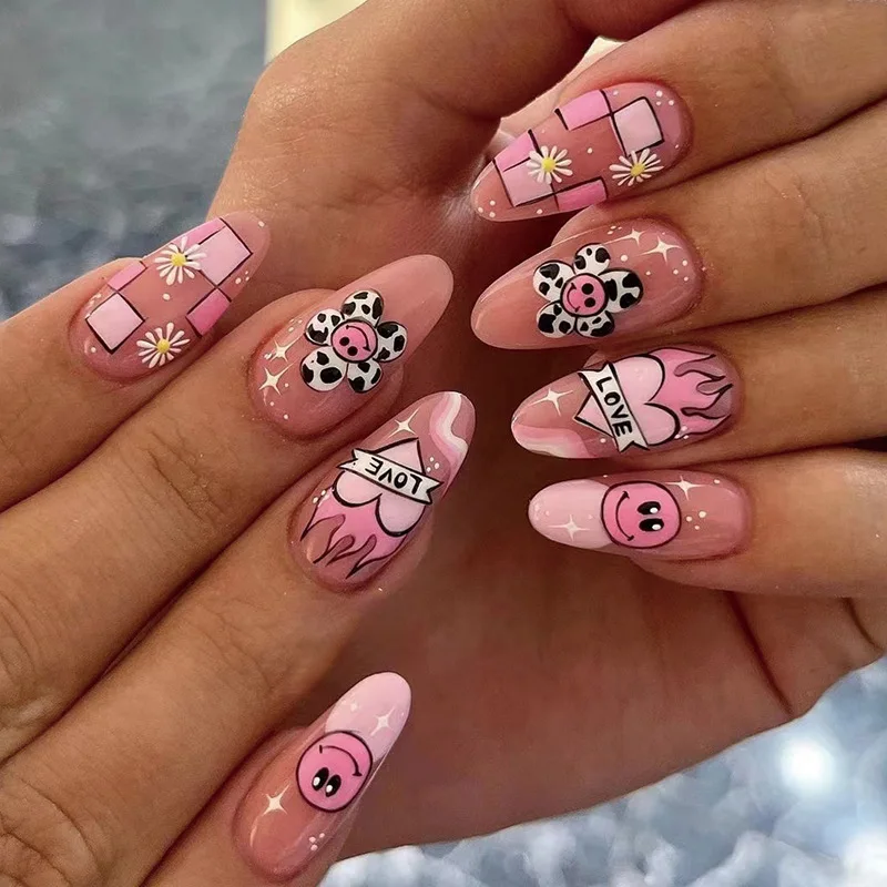 24Pcs Almond False Nails Long Stiletto Fake Nails with Flame Design Wearable Press on Nails Full Cover Nail Tips Manicure Tools