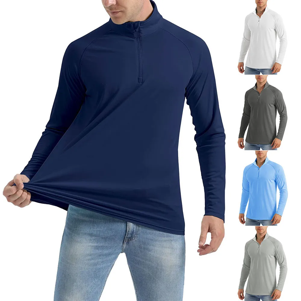 

Футболка мужская с защитой от УФ-лучей, пуловер с длинным рукавом, топ с солнцезащитным блоком, рубашка на молнии для ловли рыбы, лето 1/4