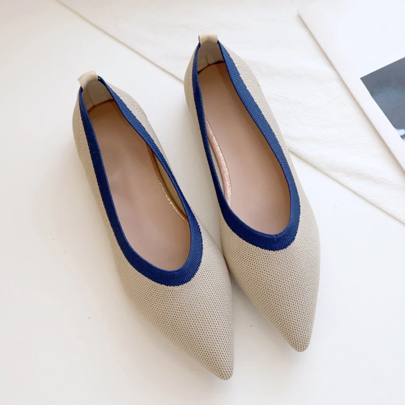 Breathable Mesh Knit Ballet Flats Women Moccasins 2022 Rubber Sole Flat Dress Shoes Low Loafers Pointed Toe Ballerina Summer
